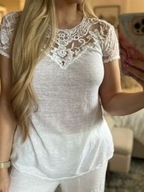 Ambra For Anthropologie Delicate Lace Yoke Short Sleeve Top